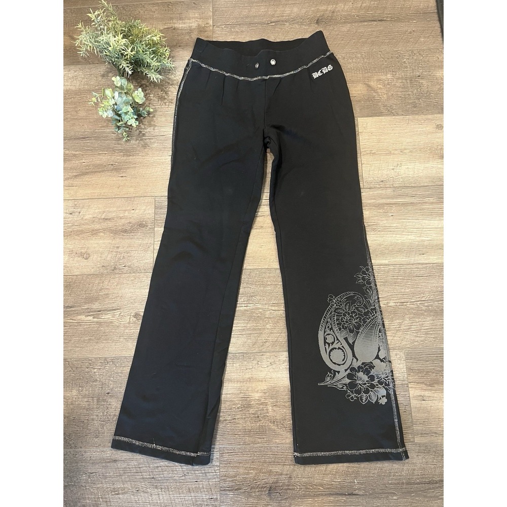 BCBG MAXAZRIA VTG Y2K Black Floral Paisley Graphic Track Pants Sz M 2000s PullOn